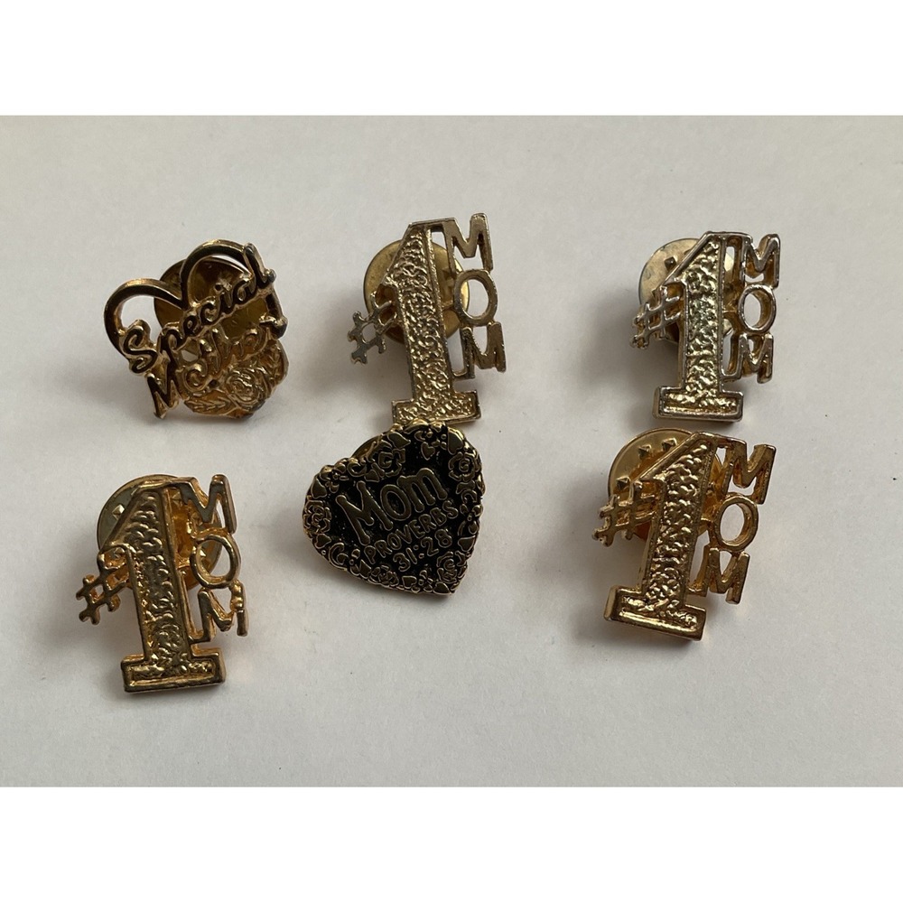 Mom Lapel Pin Brooch Lot Of 6 Gold Tone Pinbacks #1 Mom Special Mother Heart